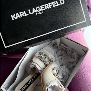 Karl Lagerfeld Women's White Mules with Silver Accents